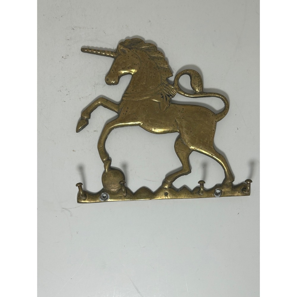 Vintage Belgian Solid Brass Unicorn Wall Hook Rack 4-Hook Key Holder Belgie